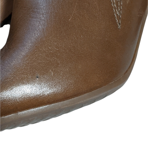 Clarks Okena chic peep toe leather mule stacked wood heel brown green 10M - Picture 9 of 14